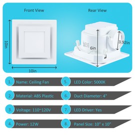 Hose Vary Bathroom Exhaust Fan with Light, 95CFM Bathroom Exhaust Fan, Bath Vent Fan w/ 8" x 8" Panel, 5000K LED, Driver, Back Damper for 4" Duct Shower, Restroom, Office, Toilet
