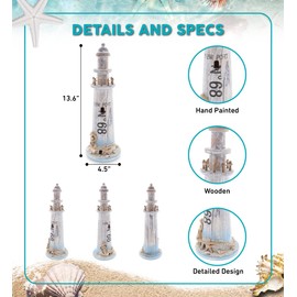 CoTa Global Coastal Horizon Lighthouse Decor - Handmade and Crafted Wooden Lighthouse Decoration with Starfish, Tabletop Centerpiece Home Decor - 13.6 Inches