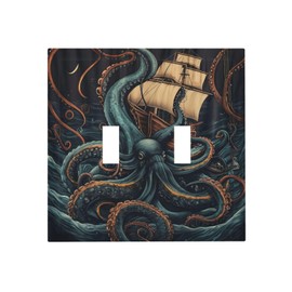 LOLREAI Decorative Light Switch Cover Plate Blue Octopus Pirate Ship Ocean Nautical 2 Gang Wall Plate Cover Double Toggle Switch Plate Covers Electric Dual Device Electrical Faceplate