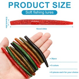 30pcs Wacky Worm Soft Fishing Lures, 3.94in Bass Fishing Lures Rubber Stick Baits 5 Colors Bass Fishing Lures Soft Plastic Stick Worm for Bass Freshwater Saltwater Fishing