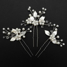 Wedding Hair Pins Silver Bridesmaid Hair Accessories Leaf Hair Clips For Wedding Bridal Hair Pieces 3 Pieces Rhinestone Flower Girl Pearl Hair Clips Women Silver Prom Hair Decorative Bling Barrettes