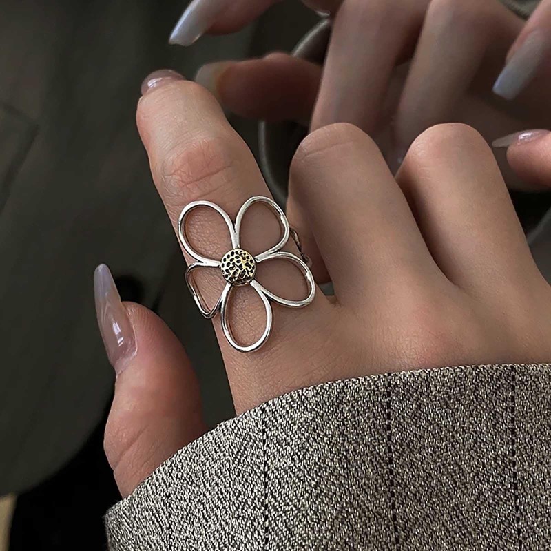 Inateannal Vintage Daisy Flower Rings Silver Adjustable Open Ring Large