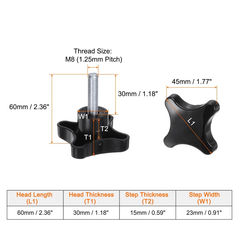 sourcing map 5pcs Star Knobs M8 x 30mm Male Thread