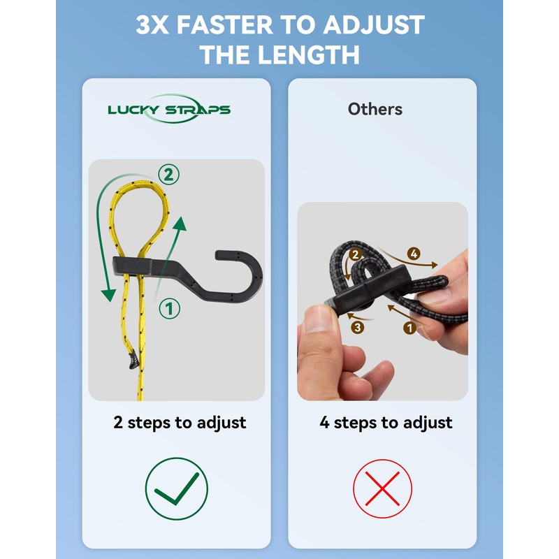 4 Pack 3 Way Flat Adjustable Bungee Cords with Hooks,