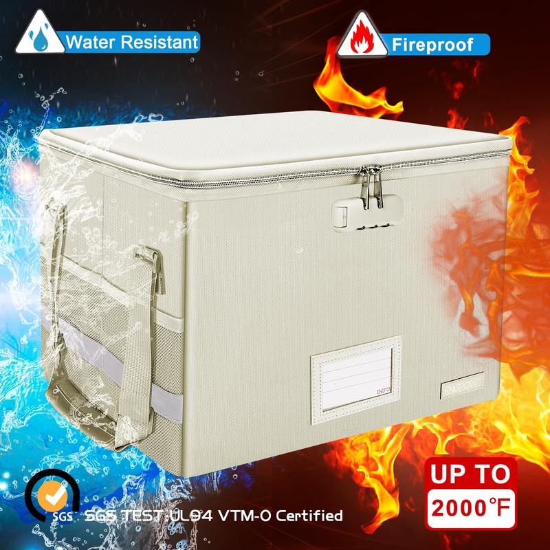 ENGPOW File Box with Lock,Fireproof Document Box with Zipper Lid,Collapsible