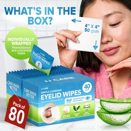 JJ CARE Eyelid Cleaning Wipes 80 PCs, Individually Wrapped Eye Lid Scrubbing Wipes, Moisturizing Eye Wipes for Irritated, Itchy, and Dry Eyes, Hypoallergenic Eye Scrub Cleaning Pads