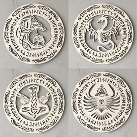 Mythology Animal Art 12” Vikings Decor Celtic Cross Trinity Knot Wall Art 4Pcs Norse Sacred Creature Thor's Hammer Wolf Fenrir Dragon Tree of Life Symbol Hummingbird Vikings Rune Wood Sign Art