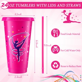 Nuogo 24 Pcs Gymnastics Party Favor Plastic Cups with Lids and Straws,24 oz Gymnastics Tumbler Cup Reusable Cups with Lids and Straws Bulk,Gymnastics Gifts for Adult Women Girl (Fresh Colors)