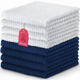 DecorRack 8 Pack 100% Cotton Face Towels, Ultra Absorbent 12 x 12 inch Wash Cloths, 400 GSM, Premium Quality, Soft Fingertip Towels for Face, Makeup, Spa, and Beauty, Navy (8 Pack)
