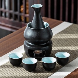 WINIAER Ceramic Sake Set with Warmer Pot, Traditional Pottery Hot Cold Saki Drink Set, 8 Pieces Include 1 Stove, 1 Warming Bowl, 1 Sake Pot, 4 Sake Cups, 1 Storage Bag