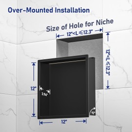 Bernkot Stainless Steel Led Shower Niche 12" X 12" Matte Black with Lighting Waterproof No Tile Need Shower Niche for Bathroom Recessed Wall Niche Over-Mounted Installation