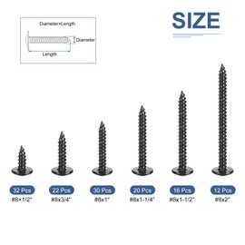 sourcing map 132Pcs #8 x 1/2 to 2" Phillips Head Self Tapping Screws Kit, Carbon Steel Flat Head High-Strength Quick Tapping Screws Wood Screw for Wood, Metal, Plastic, Black