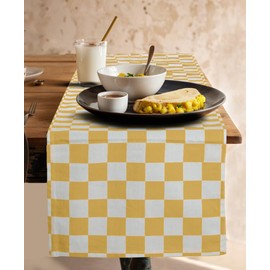 Folkulture Table Runner | Summer Table Runners 72 inches Long | Checkered Boho Table Runners for Farmhouse Decor or Table Decorations for Party | White and Yellow Table Runner for Summer Decor