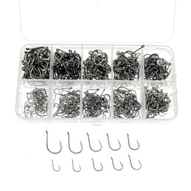 JZK 600pcs assorted Size 3 4 5 6 7 8 9 10 11 12, Carbon Steel Fishing Hooks with Eyes, Small Fish Hooks with Barb, Circle Fishing Hooks with Plastic Box