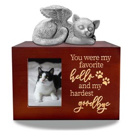 Atigrado Pet Urn for Cat Ashes Box Wooden Red Cat Urns for Ashes Pet Cremation Box Memorial Gifts for Loss of Cat Comes with Cat Angel Statue