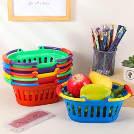 Reallnaive 6 Pack Plastic Small Baskets with Handle Bulk Colorful Picnic Shopping Stack of Baskets for Grocery Storage for Picnic Camping Easter Party Supplies