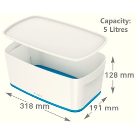 Leitz A5 MyBox Small with Lid, Storage Box for Home and Office, 5 L, High Gloss, Plastic, White/Blue Metallic