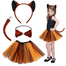 Gibocot 4 Piece Kids Tiger Fancy Dress Costume Includes Ears Headband Tutu Skirt Tail Bowtie Accessories for Aged 4-9y Girls Carnival World Book Day Circus Birthday Party