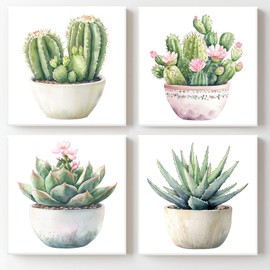 Cactus Succulent Wall Art Sage Green Bathroom Wall Decor, Tropical Plant Botanical Pink Flower Canvas Prints for Living Room Bedroom Bathroom - Ready to Hang - Framed, Set of 4, 16x16Inch