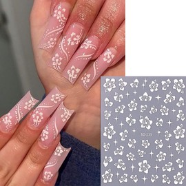 6Sheets Flower Nail Stickers for Nail Art, Hibiscus Flowers Nail Decals White Pink Gold Flower Star Pattern Flowers Nail Design 3D Self-Adhesive Hibiscus Nail Art Stickers Manicure Tips for Women