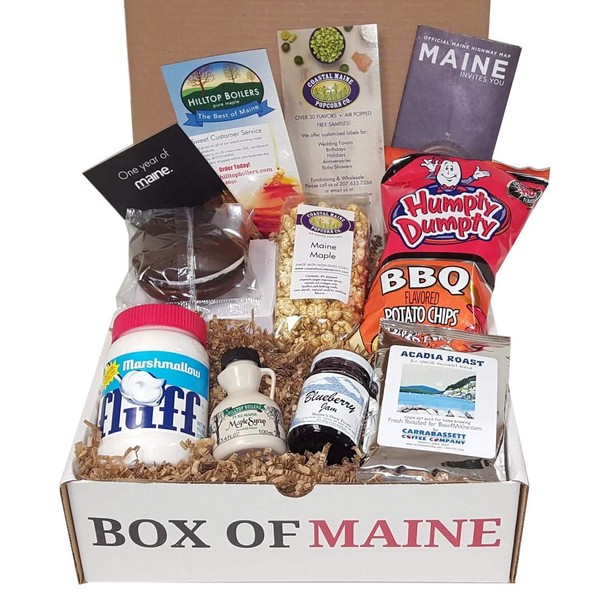 Box of Maine - 7-item Gift Pack - Whoopie Pie, Fluff, Coastal Maine Maple Popcorn, Maine Maple Syrup, Humpty Dumpty BBQ Chips, Carrabassett Coffee, Maine Blueberry Jam