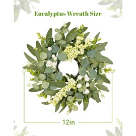 DDHS 2 Packs Small Eucalyptus Wreaths, 12 Inch Artificial Mini Green Wreath with Berries, Small Boxwood Leaves Wreaths for Indoor Outdoor Hanging Farmhouse Wall Window Wedding Decor