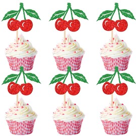 24 piezas de decoración de magdalenas de cerezo con purpurina roja con temática de frutas dulces y cerezas, para baby shower, niños, fiesta de cumpleaños, decoración de pasteles
