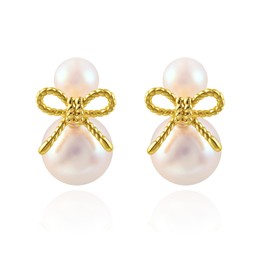 Pearl and Gold Bow Stud Earrings, 14K Gold, Double Pearl Design