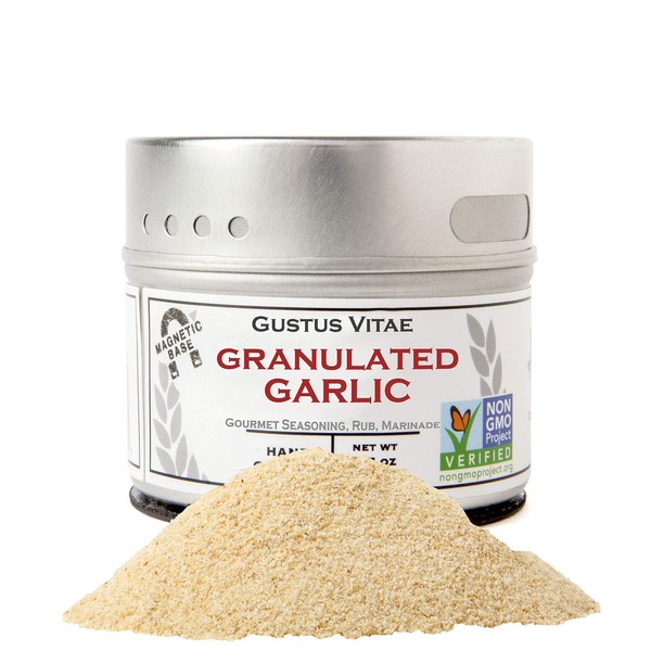 Granulated Garlic - Non GMO Project Verified - Hand-Packed In Magnetic Tins - Sustainably Sourced - Grown in USA - All Natural - Not Irradiated - Crafted By Gustus Vitae - 2.2 Oz Net Weight