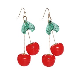 Cherry Cute Earrings for Women Red Funny Drop Dangle Earring Gold Plated Resin Green Leaf Tassel