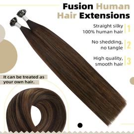 Ugeat Keratin Flat Tip Hair Extensions Brown Real Human Hair Extensions Balayage 14 Inch Hot Fusion Tip Extensions Remy Straight Hair For Women 50g 50s