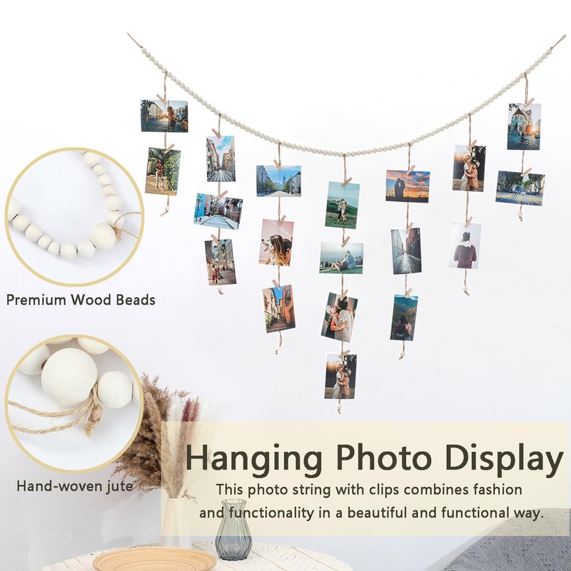 Boho Style Hanging Photo Display with 30 Clips for Bedroom,
