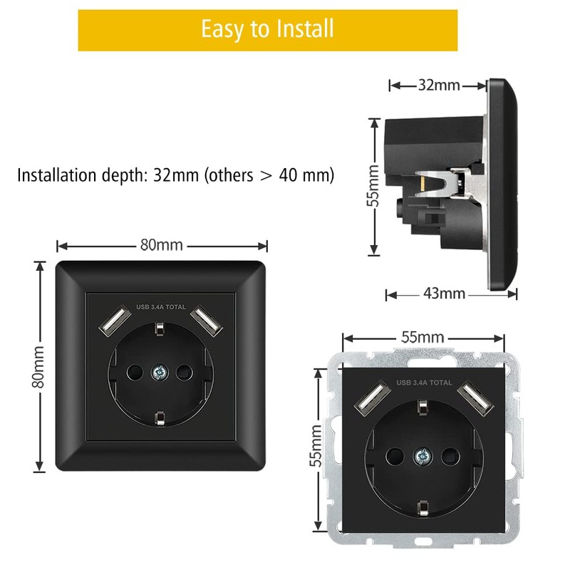 Sasudose Sockets with USB, black