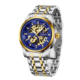 Mens Watches, Automatic Self-Winding Mechanical Stainless Steel, Classic Waterproof Skeleton Black Gold Watches for Men