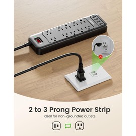 LENCENT 2 Prong Surge Protector Power Strip with USB Ports,Polarized 2 Prong to 3 Prong Outlet Adapter,1700J Surge Protector, 6ft Extension Cord,10 AC Outlets & 4 USB,Non-Grounded Wall Plug Extender