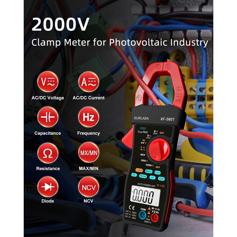 SURLABA Digital Clamp Meter 1000A/2000V AC DC Current Voltage LPF