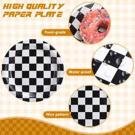 Zopeal 80 Pieces Checkered Race Car Party Supplies Black and White Checkered Paper Plates, 7 Inch Checkered Flag Disposable Plates Racing Party Plates for Car Birthday Party Favors
