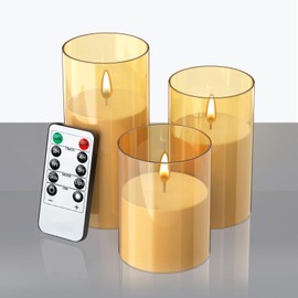 3-Pack Acrylic Flameless Candles with Remote & Timer, Dimmable Flickering LED Pillar Candles, Real Wax Teardrop Wick, Battery Operated for Wedding, Home, Valentines & Romantic Mood Decoration - Gold