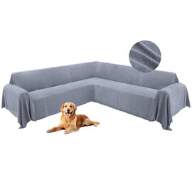 HDCAXKJ Corner Sectional Couch Covers for Dogs L Shape Sofa Cover with Tassel Chenille Super Soft Non Slip U Shaped Couch Cover Blanket Washable Sofa Slipcovers Protector (Dark Grey Blue, 91x276 inch)