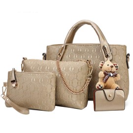 FiveloveTwo Women 4Pcs Top Handle Satchel Hobo PU Leather Handbag Set Large Tote + Purse + Shoulder Bag + Card Holder gold