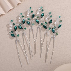 Teyglen 6pcs Bridal Green Rhinestone Wedding Hair Pins Simple Crystal Pearl Hair Pins Clips for Bride Sparkly Head Piece Hair Accessories for Women Party Prom Headpiece (Green)