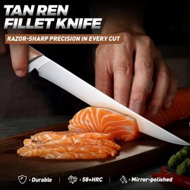 TAN REN Fillet Knife for Fish 9 Inch, Professional Stainless Steel Fishing Knives with Sheath for Filleting and Cleaning, Full Tang Filet Knife for Meat with Ergonomic Wood Handle, Father's Day Gift