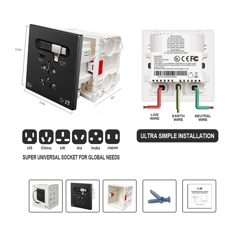 DR.IT 15 Amp Universal Wall Outlet, 35W GaN Fast Charging