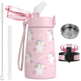 OLDLEY 350ml/12oz Kids Stainless Steel Water Bottle with Straw for School with 2 Different Lid Metal Vacuum Insulated Water Bottles Small Flask for Boys Girls Toddler Children Hot Cold Drinks BPA Free