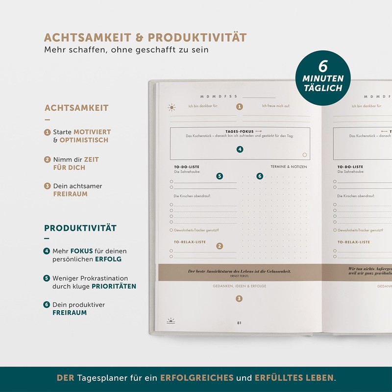 The 6-Minute Success Journal, Daily Planner for More Motivation, Self-Reflection