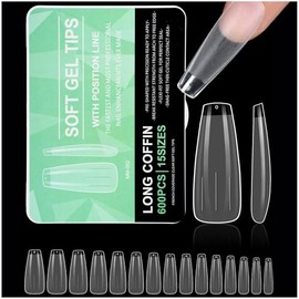 600 Pcs Tips Soft gel OBP, Soft Gel Tips Para Uñas Diferentes Modelos Y Tamaños, DIY, Salón, Boda, Fiesta Extensión de uñas Uso (Long Coffin-A, Transp