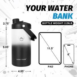 NATURE PIONEOR 64 oz Insulated Water Bottle - Double Vacuum Stainless Steel Half Gallon Water Jug with Holder/Carrier, Wide Mouth, Outdoor Sports, Hiking, Camping, Gym
