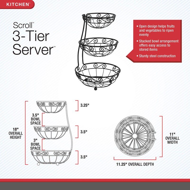Spectrum Diversified Scroll Arched Server Stacked, 3-Tier Fruit Bowls Counters,