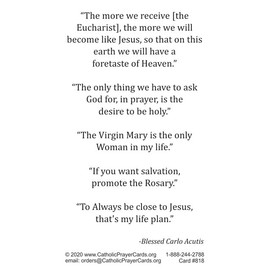 Keeping God in Sports St. Carlo Acutis Quotes LAMINATED Prayer Card (5-pack) with a Free Bonus Card of Divine Mercy and One of the Footprints Story