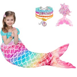 Mermaid Blanket - Soft Mermaid Tail Blanket with Sequins Hairpin Bracelet for Girls Teenagers Rainbow Flannel Mermaid Portable Blanket Gift for Birthday 140 x 60 cm